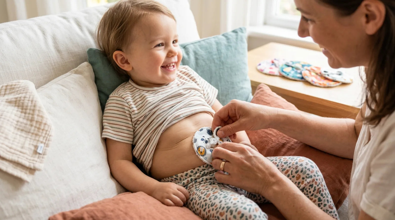 Parent supporting a child with a Bidoo textile pad during a calm moment at home
