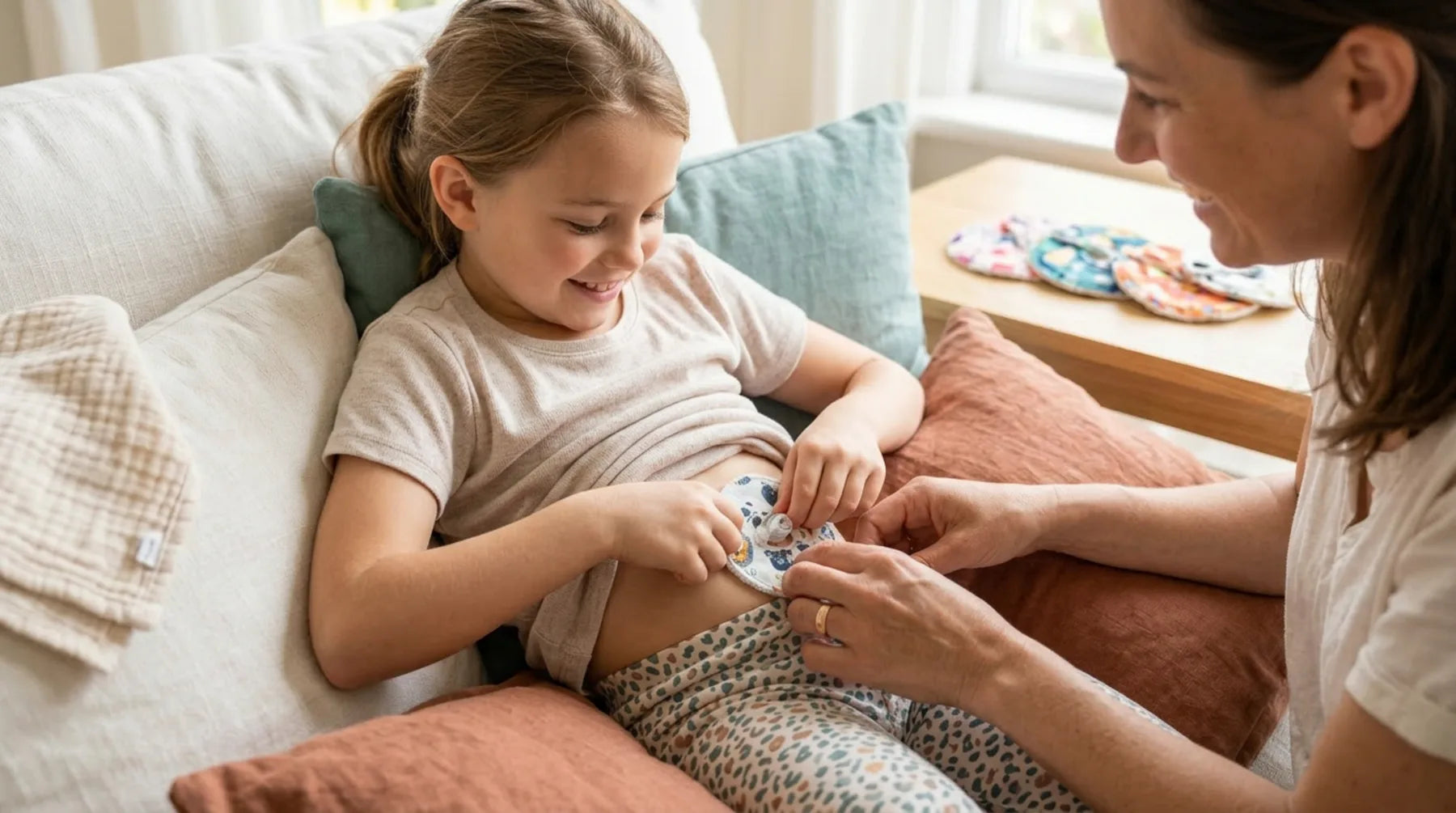 Smiling child with a Bidoo textile pad placed around a gastrostomy, in a soft family scene